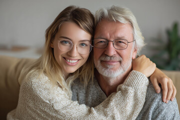 Happy daughter and father smiling and hugging indoors, showing the love and happiness in their relation