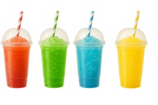 Colorful frozen slush drinks with straws in plastic cups