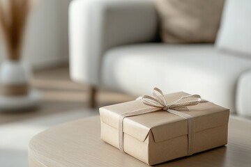 Gift wrapped in brown paper on a wooden table in a cozy living room