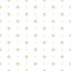 Simple seamless pattern. Gold small flower on white background. Repeated golden flowers texture. Abstract leaf patern. Repeating cute floral leaves for design print. Rapport bg. Vector illustration