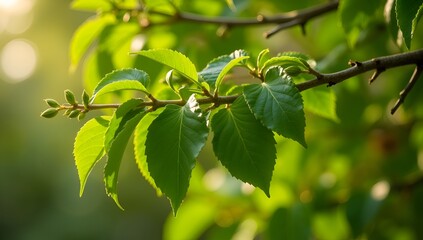 Lush botanical composition of vibrant green foliage and emerging buds clustered along branches, symbolizing growth and renewal