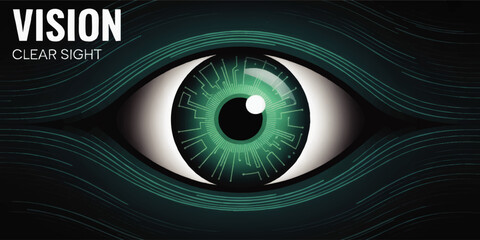 Futuristic Digital Eye with Circuit Technology Elements, Vision and Clear Sight Theme, Abstract Green and Black Vector Illustration