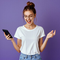 Excited young woman laughing while looking at her smartphone. Happy girl reacting with surprise to good news online. Isolated on a purple studio background with copy space