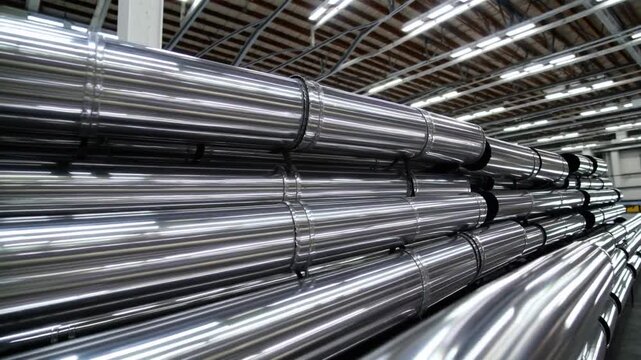 Industrial facility showcasing rows of shiny metal pipes stacked and ready for distribution in a spacious warehouse setting