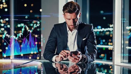 Investor analyzes stock trends while using smartphone in modern office at night - Powered by Adobe