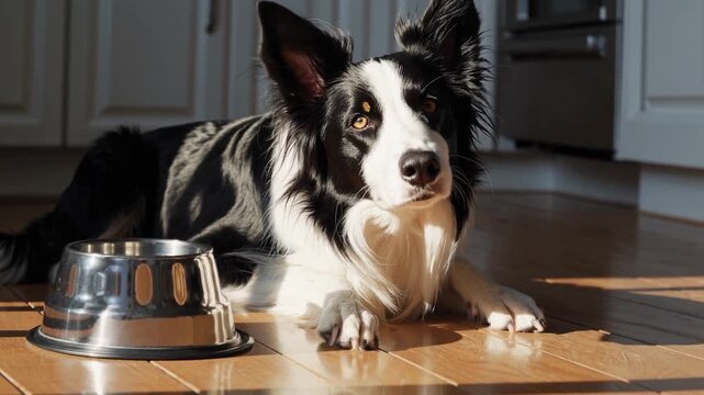 Border collie relaxes in sunlit kitchen beside empty food bowl in cozy home setting