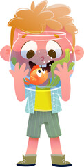Happy and excited little boy holding fish tank with goldfish inside. Cute kid watching a little goldfish in aquarium. Vector character illustration of a cute child and his pet fish.