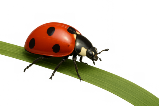 Ladybug walking on green blade of grass with transparent background