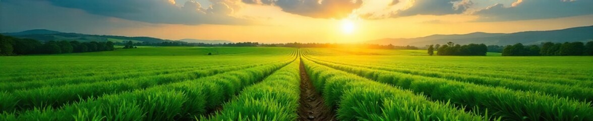 Lush Green Agricultural Fields Stretching to the Horizon Under a Bright Sun Vast Plantation Landscape Ideal for Farming and Environmental Themes