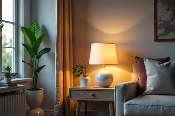 Warm Glow Elegant Table Lamp Illuminates Modern Living Room, Casting Cozy Light on Stylish Side Table and Decor