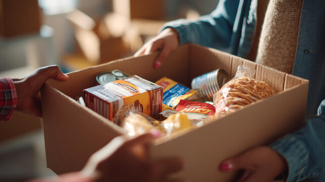People holding a cardboard box filled with assorted food items for donation or community support event