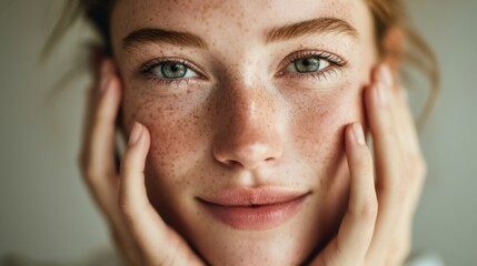 Smiling young woman with freckled flawless radiant skin, natural light, skincare and self care concept, minimal makeup, healthy lifestyle and clean beauty inspiration