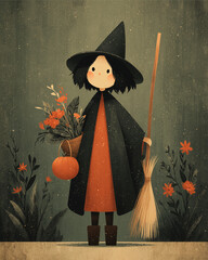 Whimsical Witch with Broom and Blooms: A charming illustration of a young witch, donned in a classic pointed hat and cape, holding a broom and a small pumpkin filled with vibrant flowers.