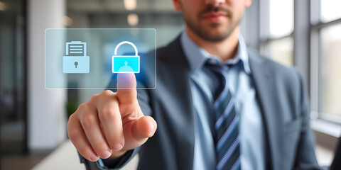 Businessman uses fingerprint scanner to delete sensitive digital files, ensuring data privacy and security in a modern office environment