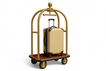 Golden luggage cart standing with suitcase, representing hotel service, luxury travel, and hospitality welcome
