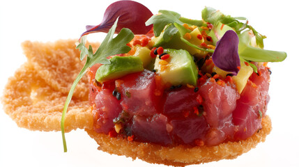 Gourmet tuna tartare with avocado on a crispy rice cracker. Fresh seafood appetizer isolated on a white background