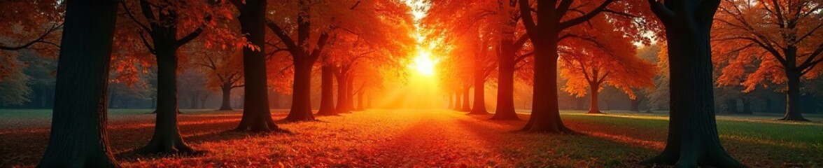 Magical Autumn Sunset Illuminates Orange Grove Long Shadows Dance Across Lush Woodland Floor, Leaves Glow with Vibrant Hues