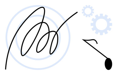 Black abstract scribble with concentric circles, blue gears, and a swinging pendulum. Ideal for creativity, innovation, process, problem-solving, productivity workflow and simplicity. Minimalist