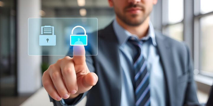 Businessman uses fingerprint scanner to delete sensitive digital files, ensuring data privacy and security in a modern office environment - Powered by Adobe