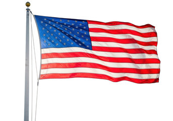 Fototapeta premium American flag waving on flagpole, patriotic red white blue stars stripes banner, national emblem illustration for independence day isolated on Transparent Background