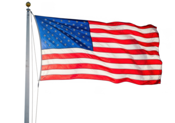 Waving american flag on a pole against a dark sky patriotism and freedom symbol captured in detail isolated on transparent background