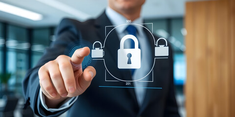 Businessman uses fingerprint scanner to delete sensitive digital files, ensuring data privacy and security in a modern office environment