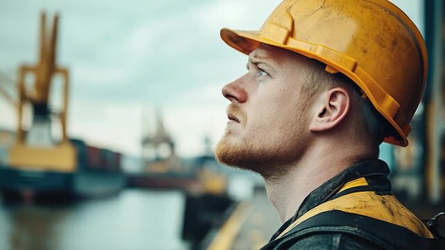 A person wearing a safety hard hat looks off-camera, focused on something else