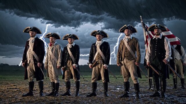 Historical reenactors portray American Revolution soldiers during a dramatic thunderstorm on an open field in the evening