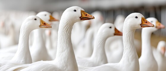 Obraz premium Group of varied white geese in a farm setting during daytime, showcasing their unique features and calm demeanor