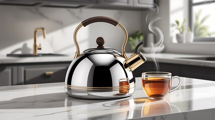 Elegant stainless steel kettle with hot tea cup on modern kitchen counter