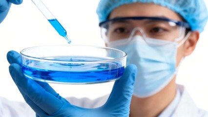 Scientist dropping blue liquid into petri dish in laboratory.