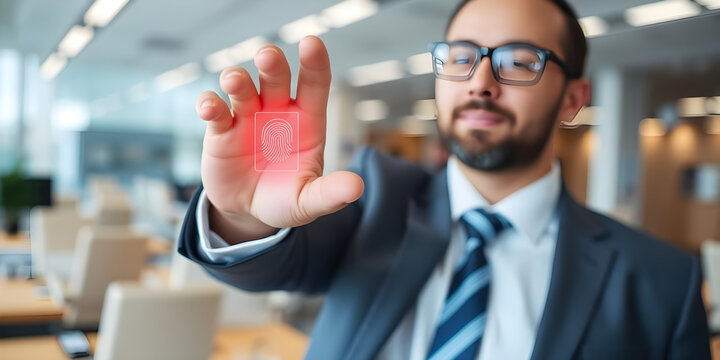 Businessman uses fingerprint scanner to delete sensitive digital files, ensuring data privacy and security in a modern office environment