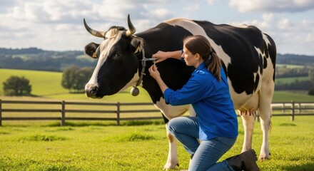 Veterinarian giving an injection to a cow on a farm. Female farmer treating livestock in a rural pasture. Animal healthcare and agriculture concept