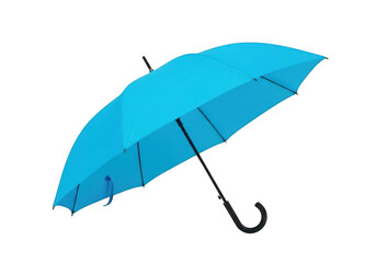 Bright blue umbrella object with handle detailed studio shot against dark backdrop isolated on transparent background