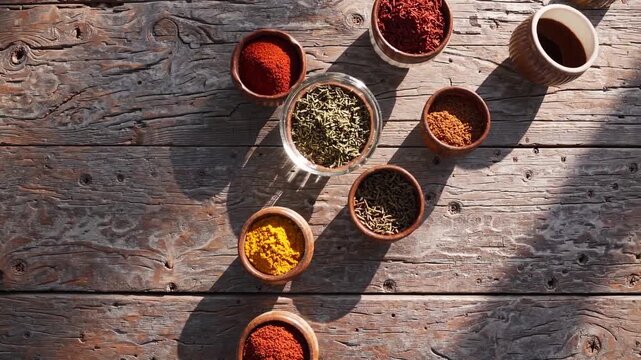 Exploring an array of vibrant spices arranged on a wooden table in a cozy kitchen setting