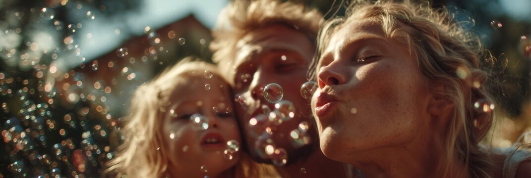 Family playing outdoors blowing bubbles with daughter