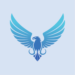 Obraz premium Stylized blue bird logo with outstretched wings and decorative elements.