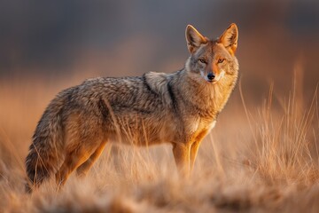 Fototapeta premium Golden Jackal in Golden Hour standing in Tall Dry Grass at Sunset