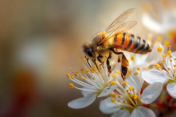 Detailed Honey Bee Macro: Insect Collecting Nectar and Pollen on a White Spring Flower