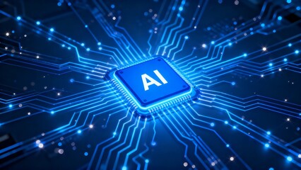 Glowing AI microprocessor at the center of a complex circuit board, symbolizing the brain of artificial intelligence.