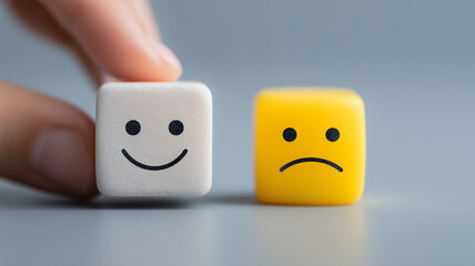 Two cubes with happy and sad faces placed side by side, representing feedback and the concept of customer satisfaction and decision making.
