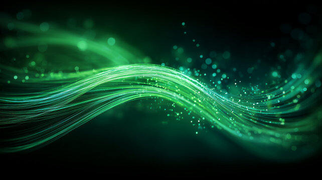 Data wave of fiber optic strands flowing through space, evoking sustainable connectivity and the concept of efficient digital infrastructure.
