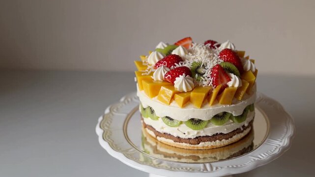 Delicious fruit cake decorated with fresh strawberries and mango in a cozy kitchen setting