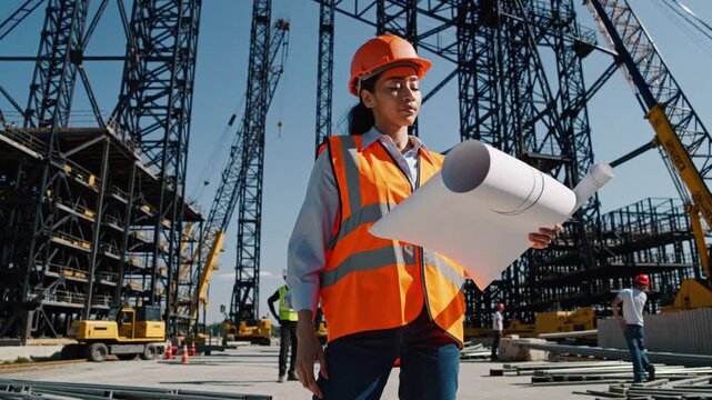 Construction worker analyzing blueprints at a busy construction site in the afternoon sun