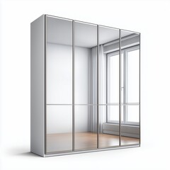 Contemporary bifold closet door with mirror panels and slim aluminum profile on white background