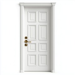 Classic white painted wooden door with six raised panels and vintage brass doorknob on white background