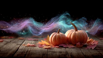 A vibrant display of autumn's bounty on rustic wooden canvas. Communication network. A cozy fall impression with pumpkins and leaves in natural light. Internet connectivity.