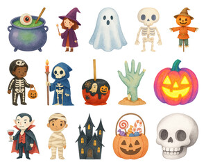 Obraz premium PNG Whimsical Halloween character illustrations, element set on transparent background