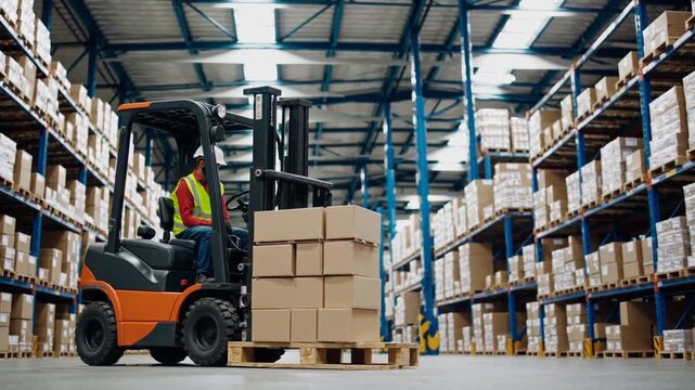 Warehouse worker operates forklift to move boxes in distribution center during busy hours