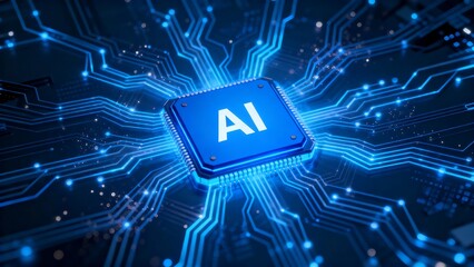 A glowing blue AI chip at the center of a futuristic circuit board, radiating digital light trails, symbolizing artificial intelligence and advanced technology.